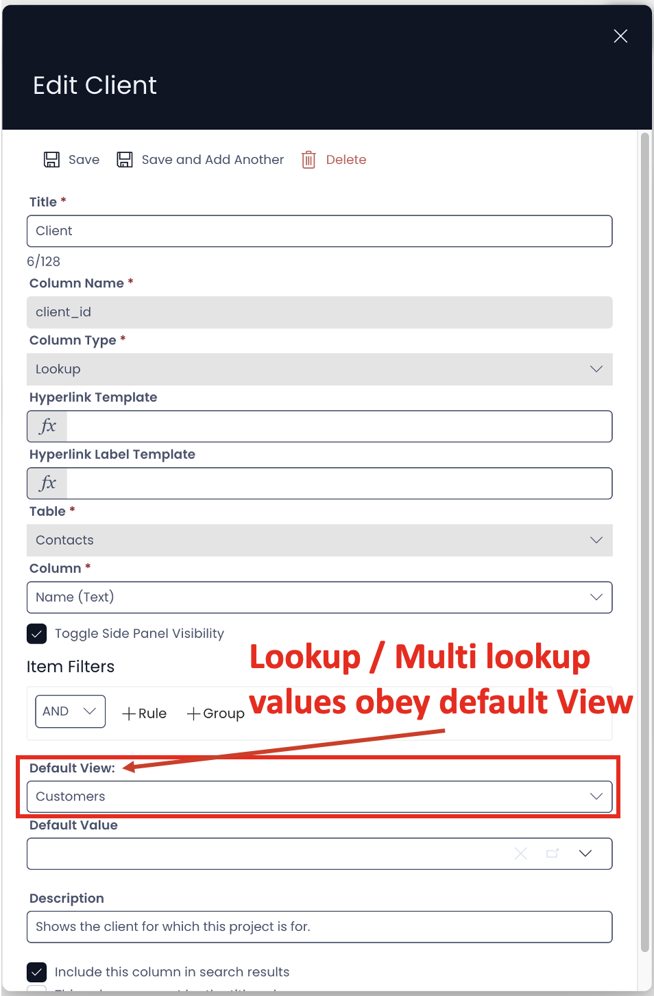 Image showing Default View setting in column